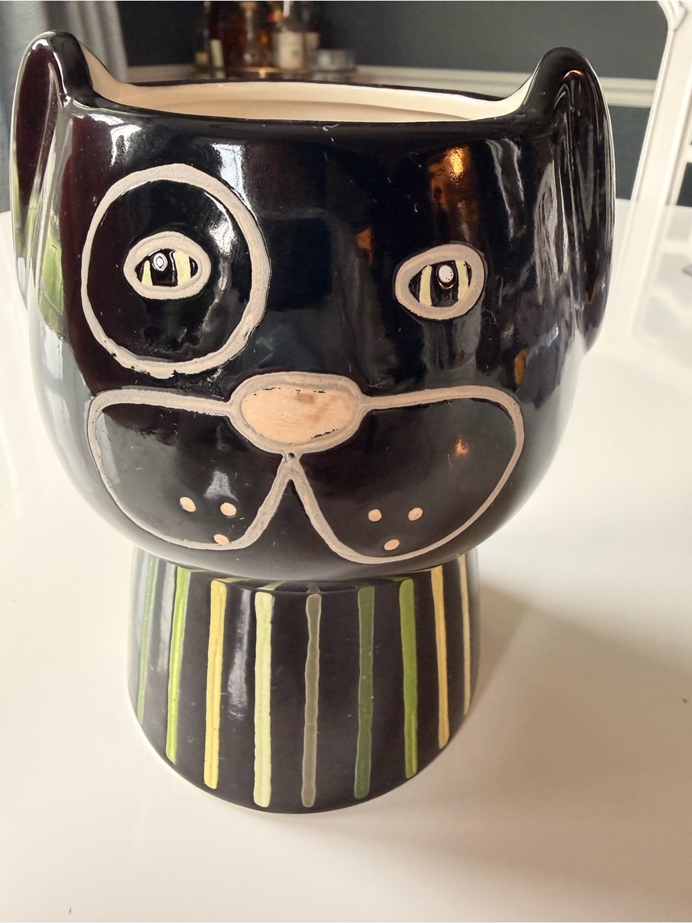 Painted Black Dog Ceramic Planter - Decorative Home Art